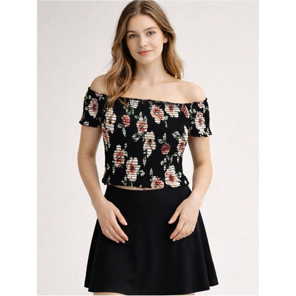 Kendall & Kylie Floral Smocked Off Shoulder Crop Top Black M
